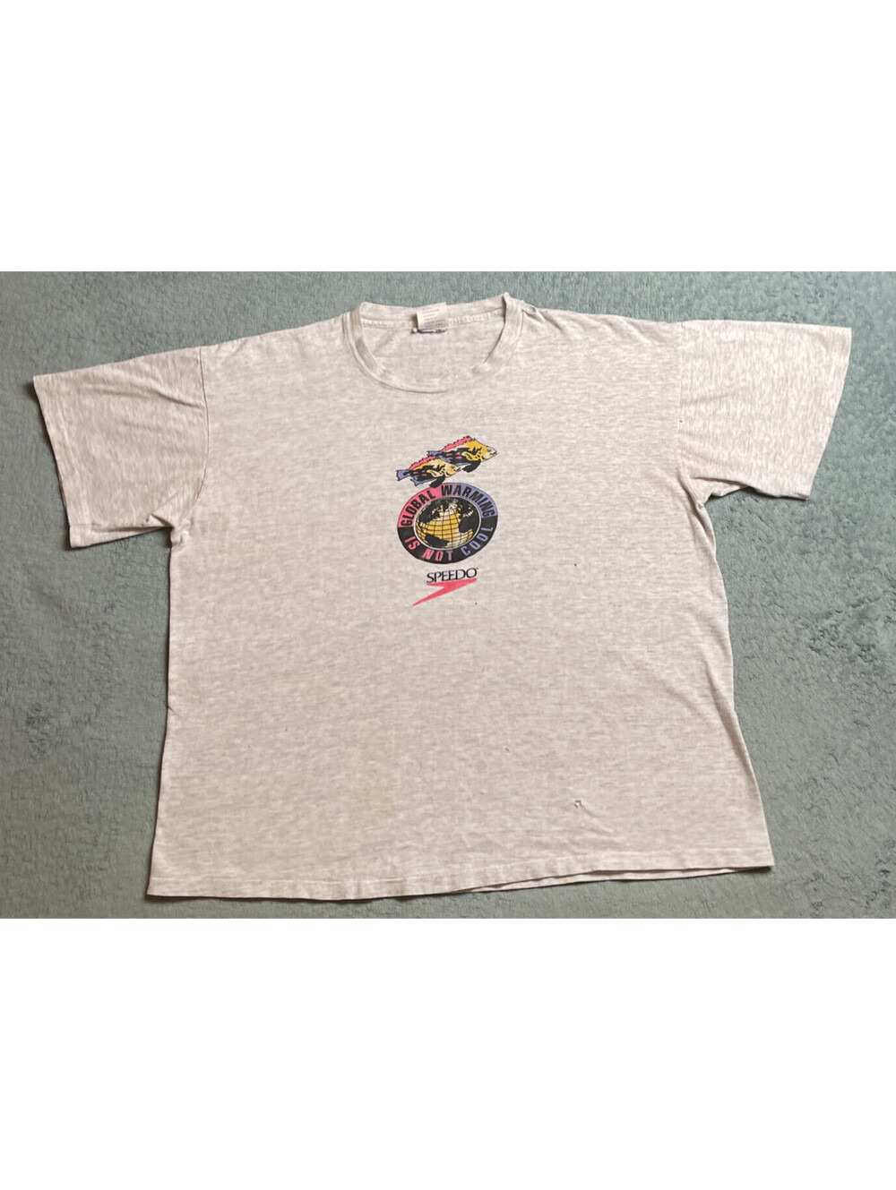 VTG Speedo T Shirt Mens XL Gray Made In USA Big Logo double sided Global Warming